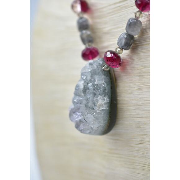 Geode Pendant Necklace Natural Cracked  Statement Red Crystal Beaded BinA - Picture 6 of 12